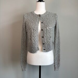 Roxy Open Knit Cardigan Button Front Cottagecore Soft Girl Gray Women's Small